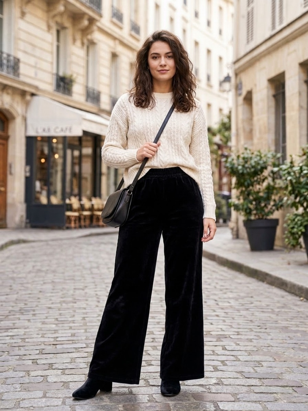 Women's Black Wide-Leg Velvet Pants